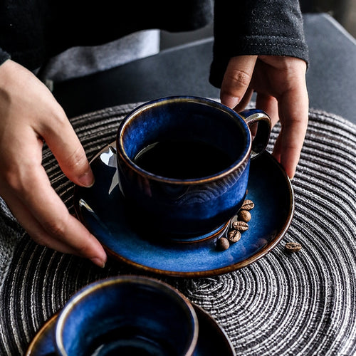 Deep Blue Ceramic Coffee Cup Saucer Set