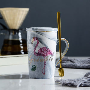 Simple Flamingo Ceramic Cup With Lid and Spoon