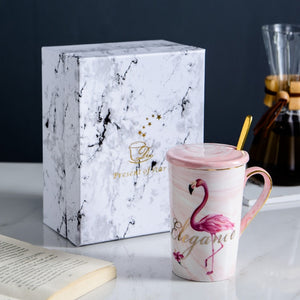 Simple Flamingo Ceramic Cup With Lid and Spoon