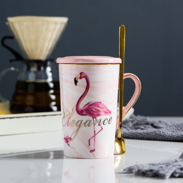 Simple Flamingo Ceramic Cup With Lid and Spoon